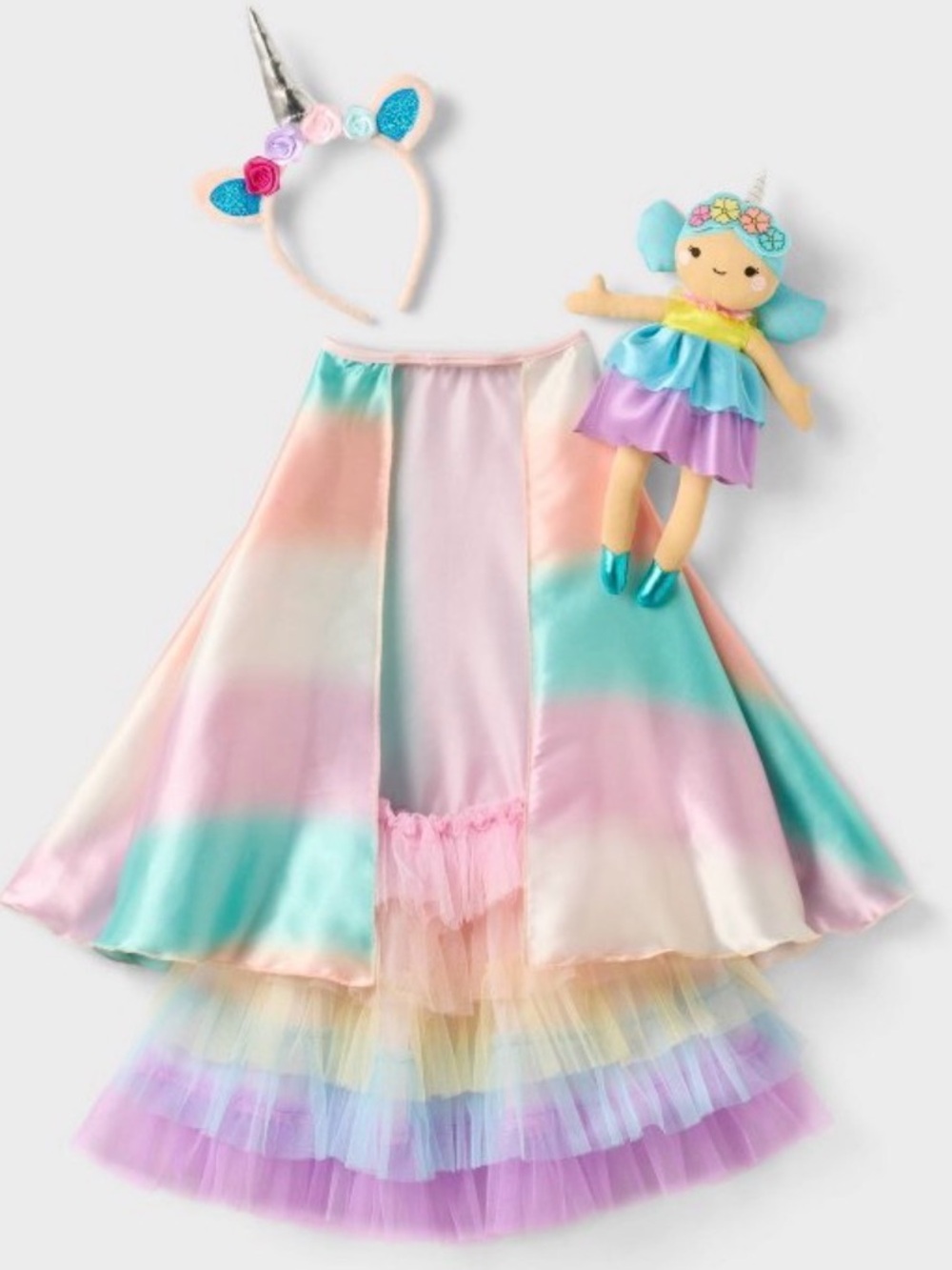 Rainbow Pastel Unicorn Dress-Up Set with Headband and Doll